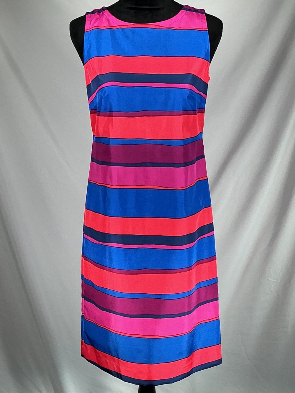 Talbots Striped Shimmer Sheath Dress Sleeveless Shift Zip Blue Hot Pink Navy 4